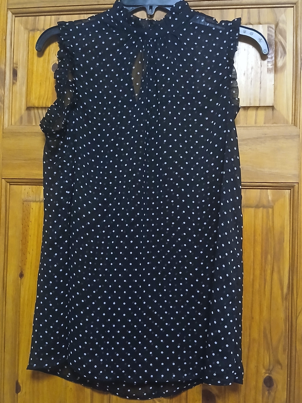Sleeveless Black Polka Dot Ruffle Neck Blouse